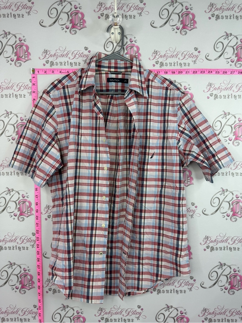 Nautica tshirt Short Sleeve Plaid Button-Up Shirt in Red, Blue, White